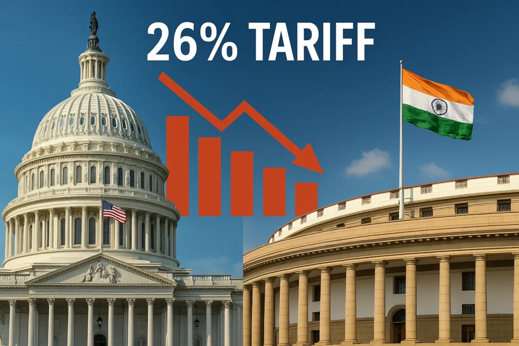 Illustration showing U.S. Capitol and Indian Parliament with 26% tariff text and downward economic graph.