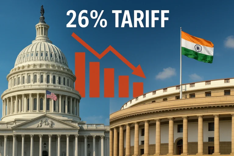 Illustration showing U.S. Capitol and Indian Parliament with 26% tariff text and downward economic graph.